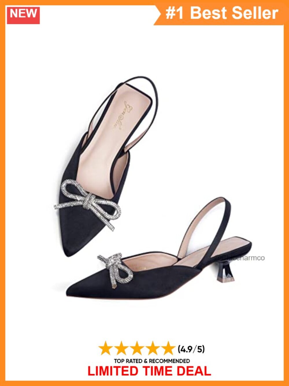 Rhinestone Bow Slingback Kitten Heels Pointed Toe Pumps for Wedding